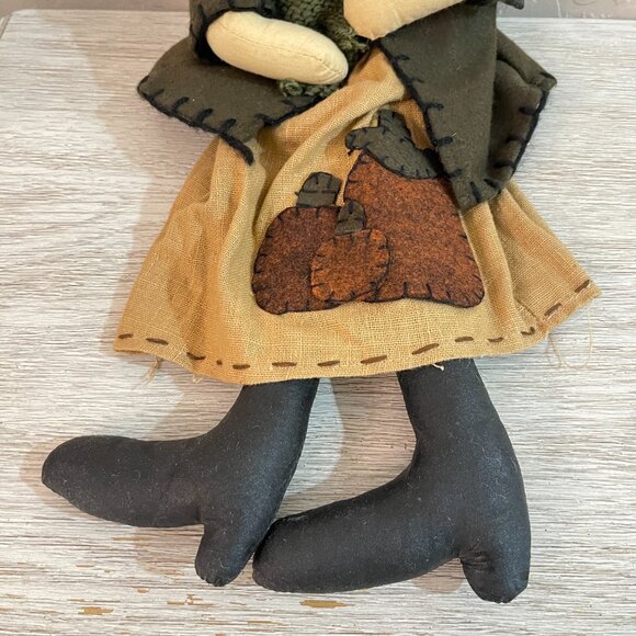 Vintage Fall Decor Stuffed Pumpkin Head Doll Holding Crow Halloween - Picture 3 of 6